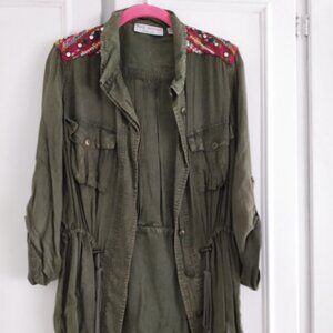Bleu Bayou Jacket Shacket Small Army Green Embroidered Rayon Embellished Boho